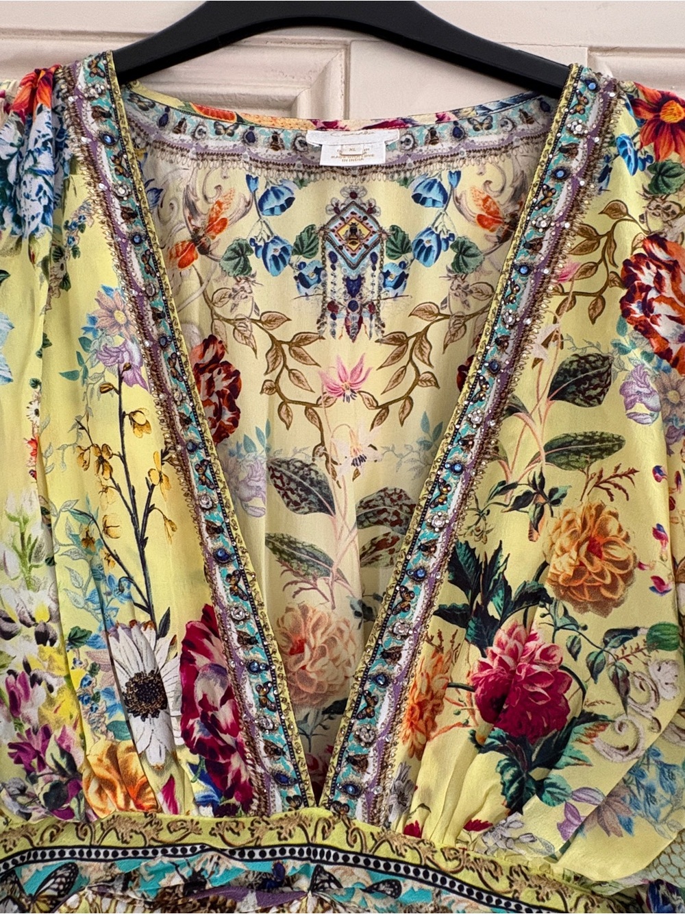 Camilla Silk Maxi Dress Yellow Floral Crystal Embellished XL - Picture 6 of 7